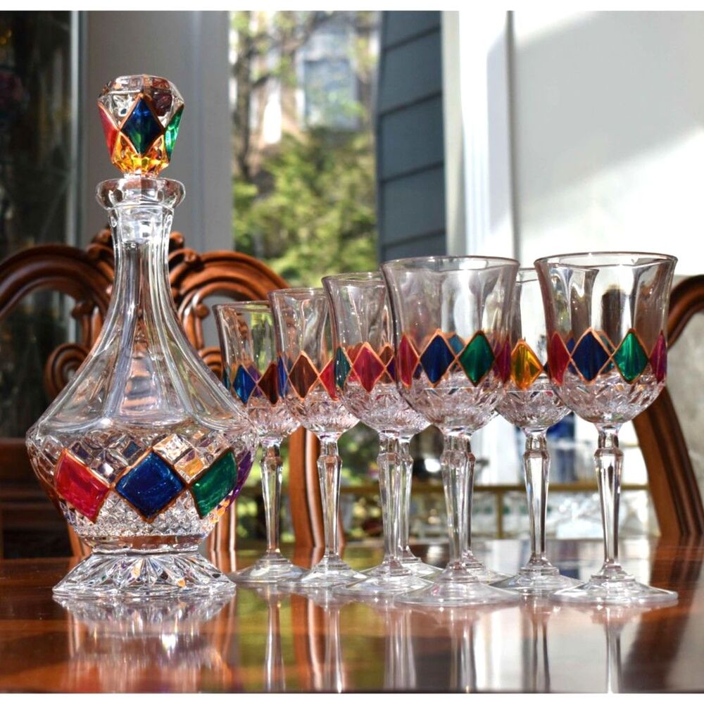 Crystal Decanter and 8 Wine Glass Set - Harlequin Enamel Jewel Tone Diamond